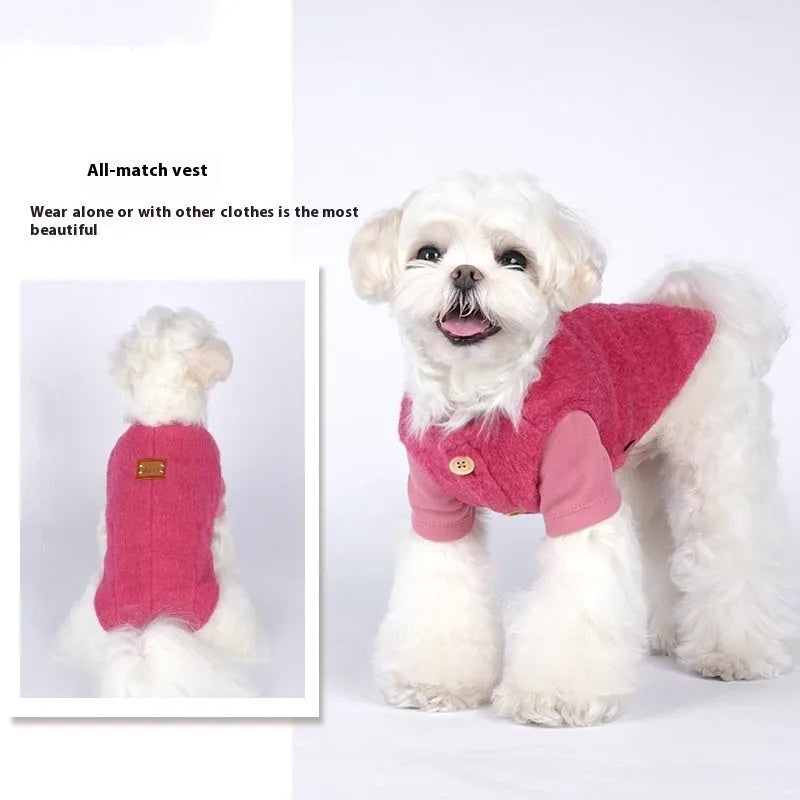Small dog wearing blue Korean cashmere vest style cotton clothing for autumn and winter