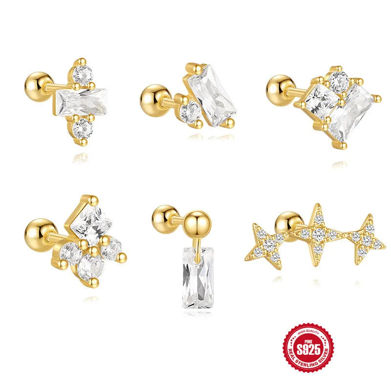 Square gravel floral design sterling silver stud earrings with golden electroplated finish