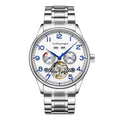 Men's stainless steel mechanical watch with leather strap and sapphire crystal glass.