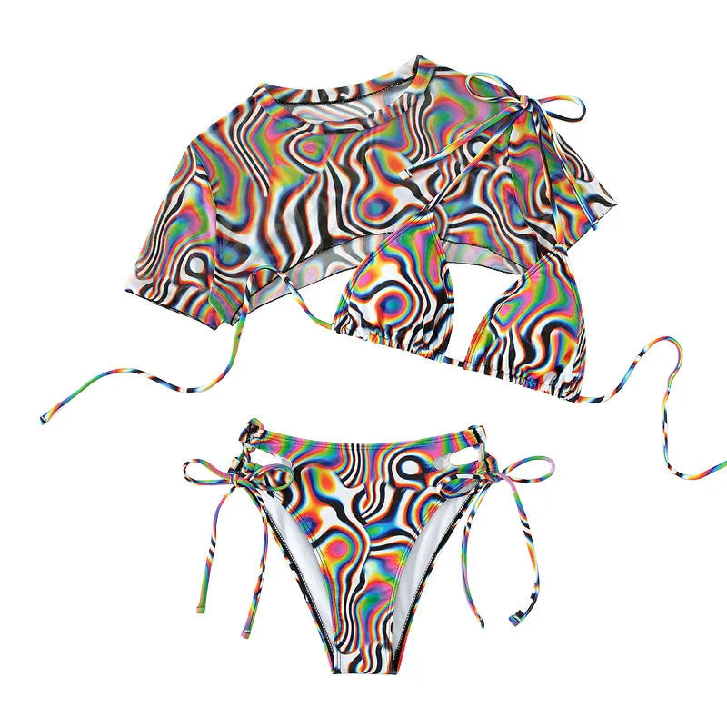 Women's colourful red rope mesh bikini swimsuit set with bra top and panty bottom