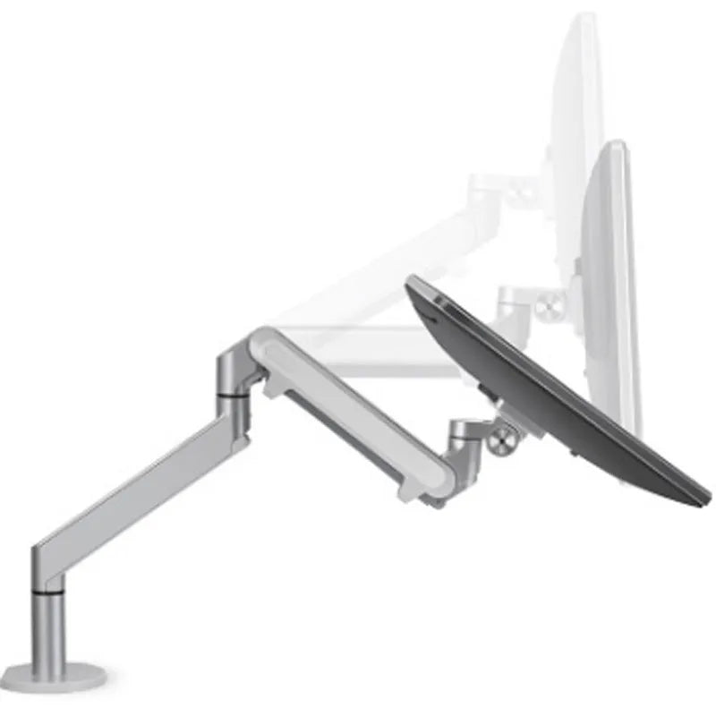Silver aluminium Free Hover adjustable laptop and monitor arm bracket extended on a desk.