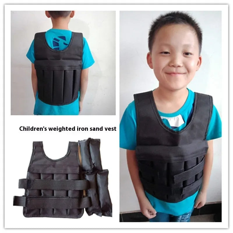 Child wearing an adjustable sand vest made from voile fabric, showing size and weight options.