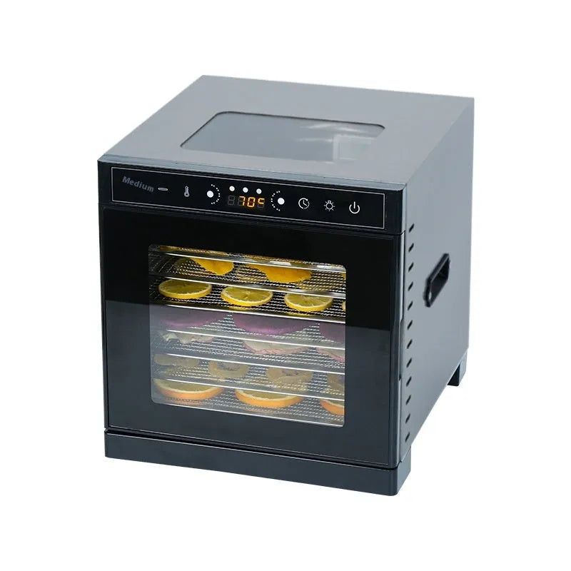 Stainless steel food dehydrator machine with multiple trays and an LED control panel.