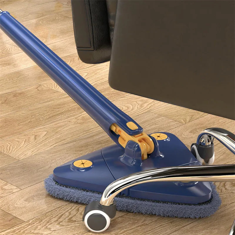 Blue triangle cleaning mop with 360° rotating head and extendable stainless steel pole