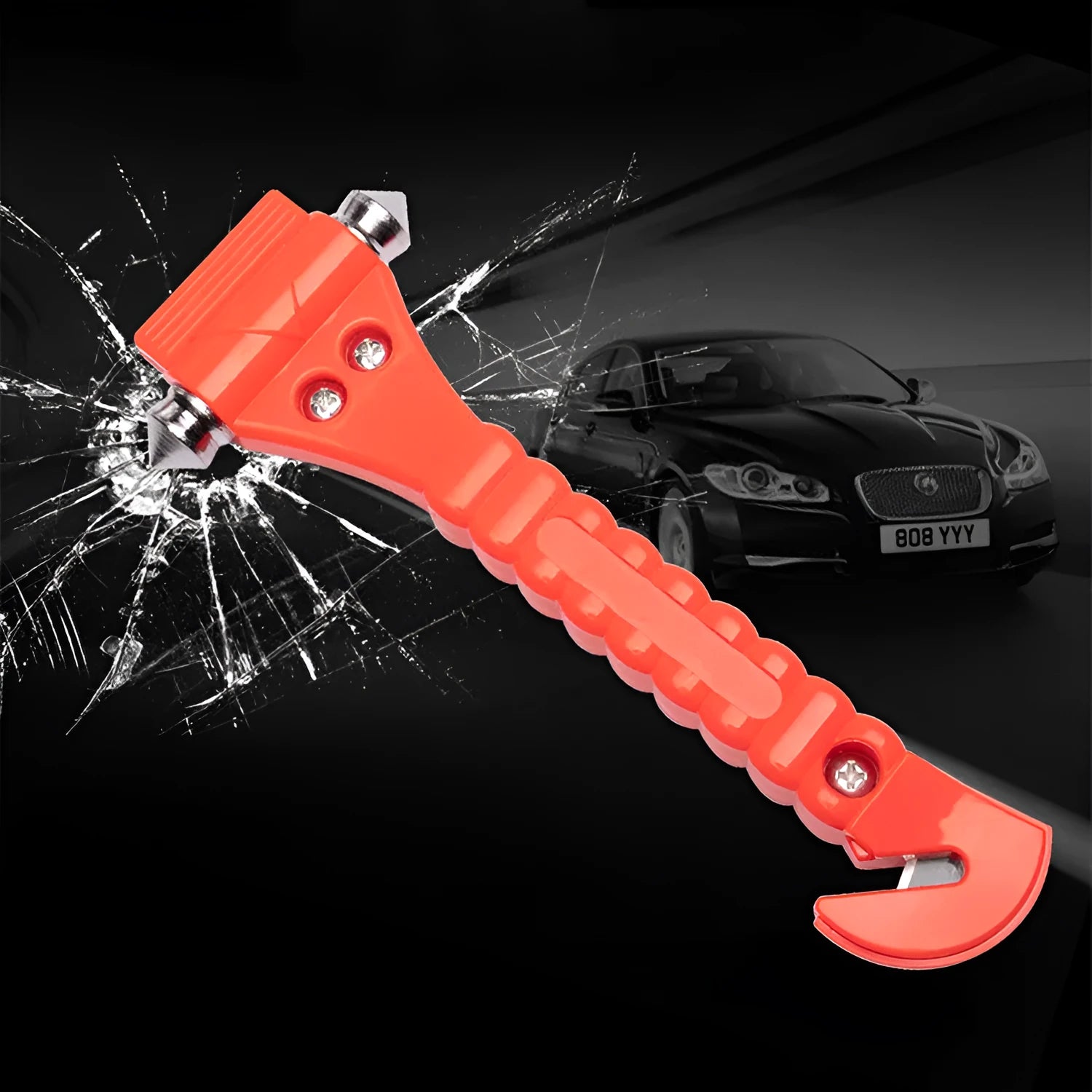 Red car emergency life hammer with seatbelt cutter and glass breaker functions