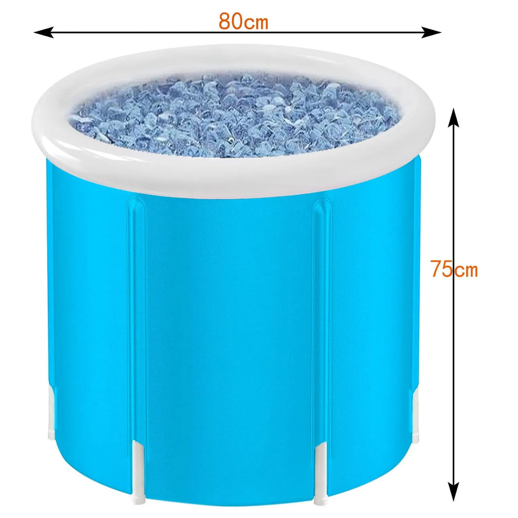 Blue inflatable bath barrel for adults made from environmentally friendly PVC, folded and inflated.