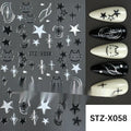 Sheet of black and silver striped cartoon nail art stickers with love heart patterns
