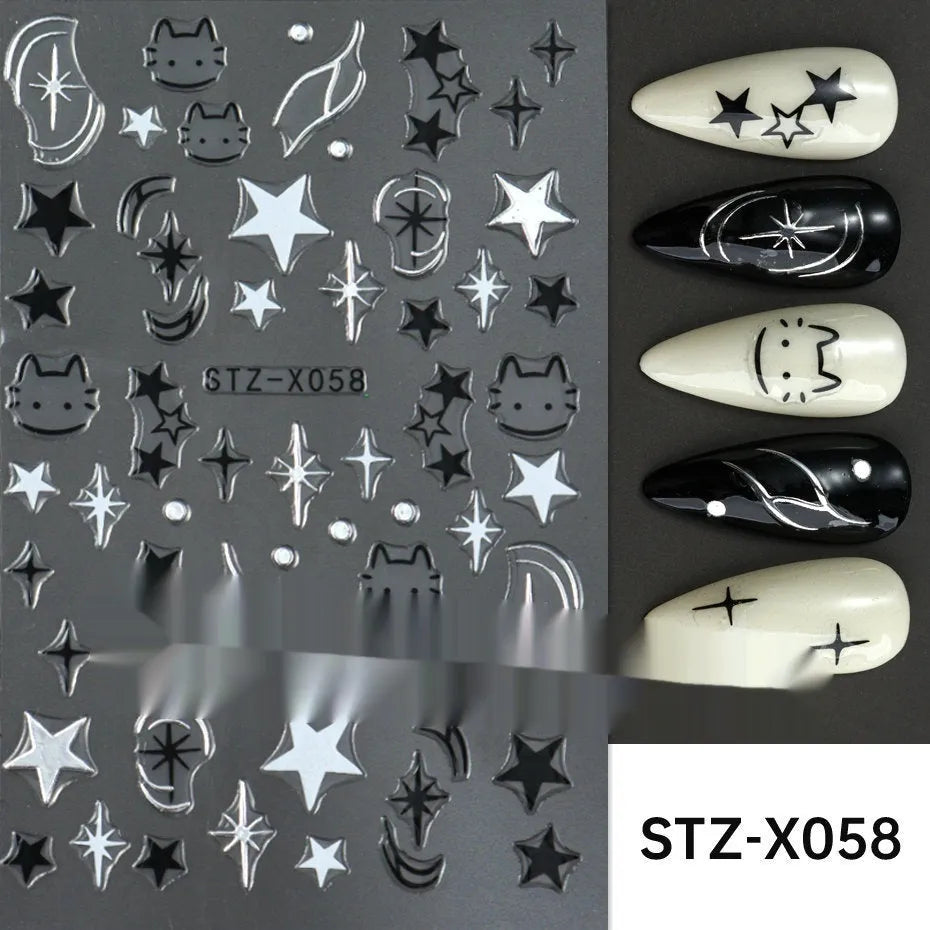 Sheet of black and silver striped cartoon nail art stickers with love heart patterns