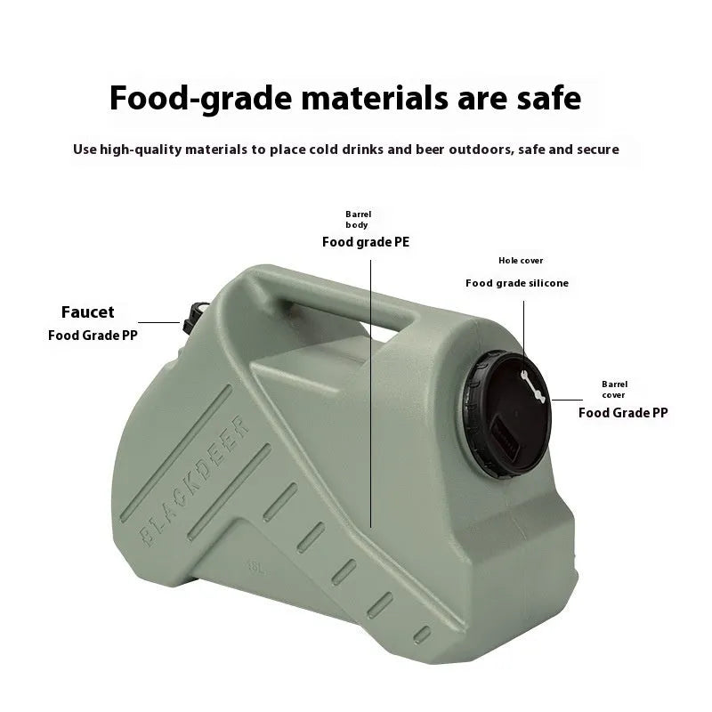 Green portable water storage tank with carry handles in backpack and snail designs