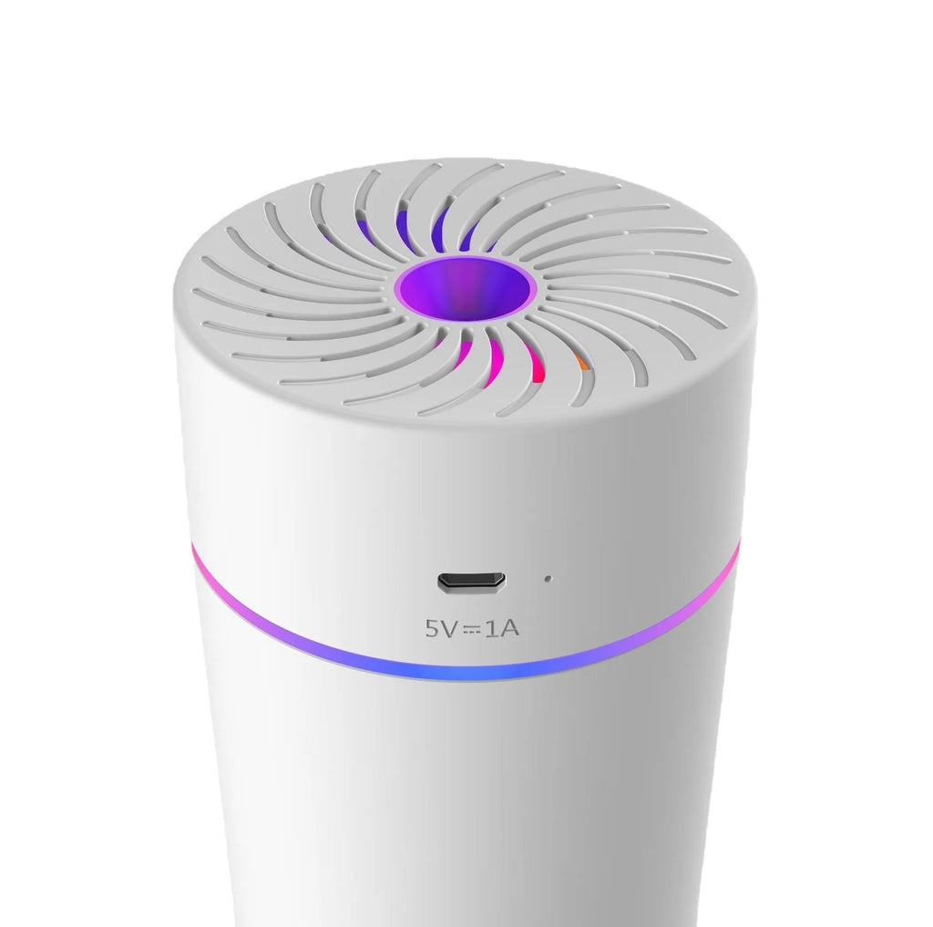 USB car mini humidifier in black or white with plug-in or battery options for vehicle use