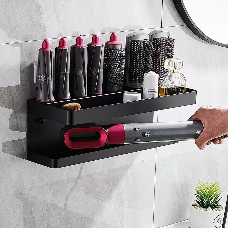 White double layer aluminium bathroom storage rack for hair curlers and Marcel wavers with punch-free mounting