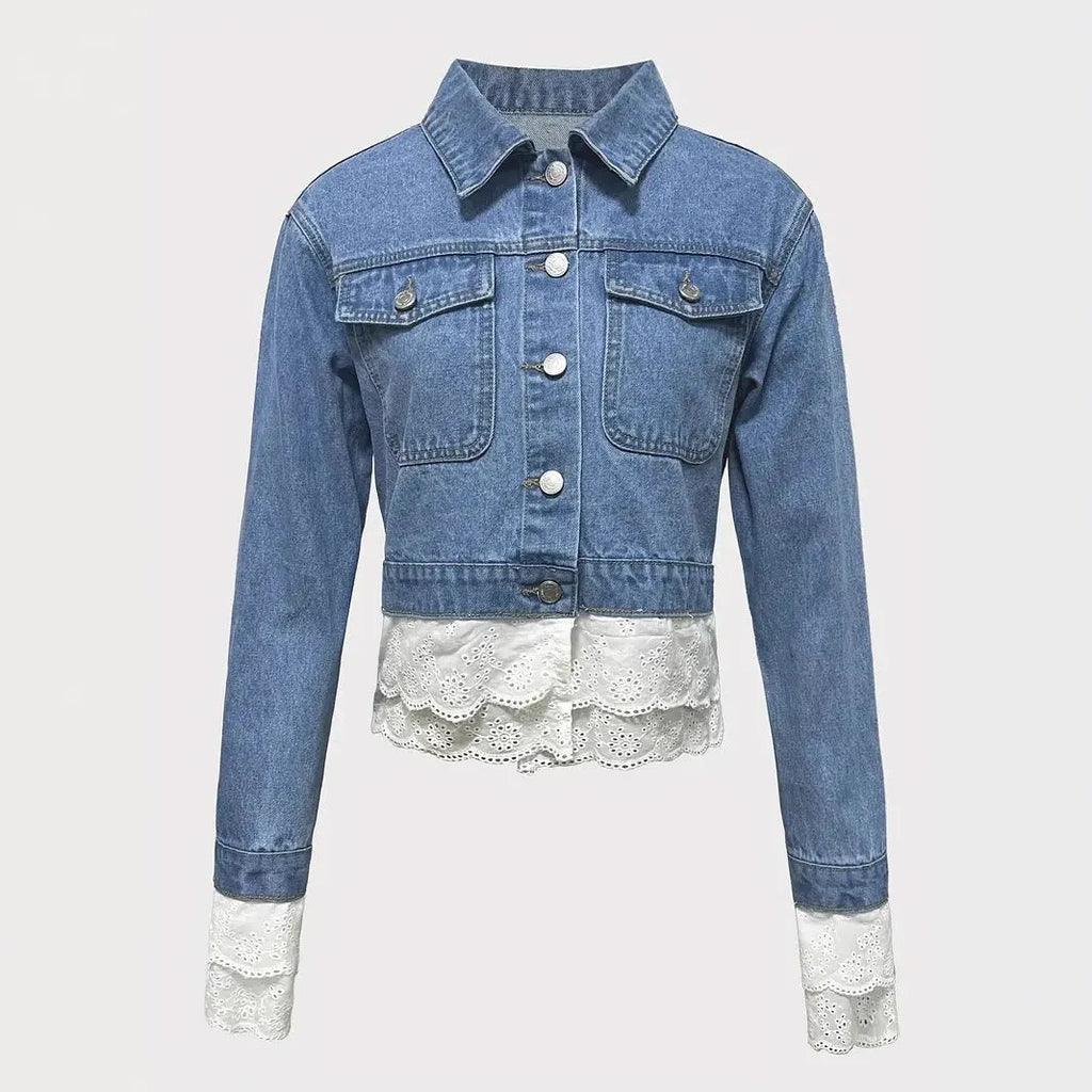 Blue women's denim jacket with lace stitching detailing, long sleeves, available in multiple sizes