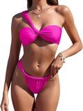 Women's one-shoulder nylon bikini set in solid colour with split detail on top, available in dark pink, army green, ivory white, black, sizes S to XXL
