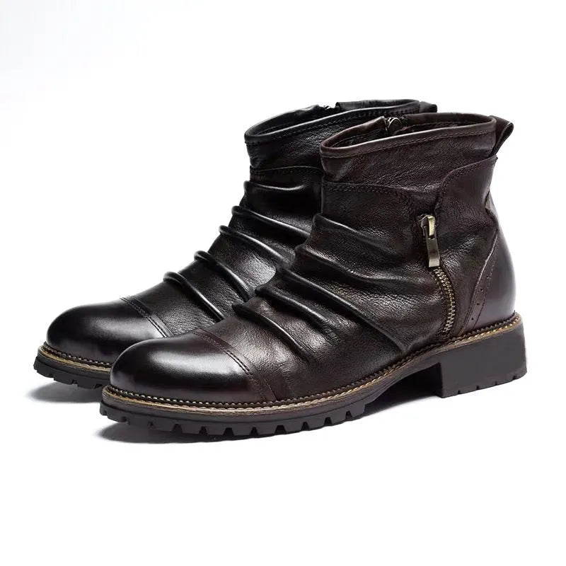 Men's black cowboy Martin boots with side zip, embossed leather look, and round toe.