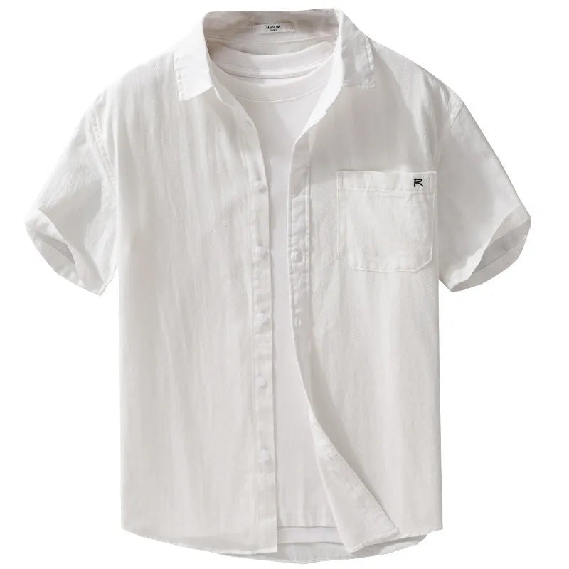 Men's light blue short-sleeved cotton shirt with loose fit and cardigan style for summer wear