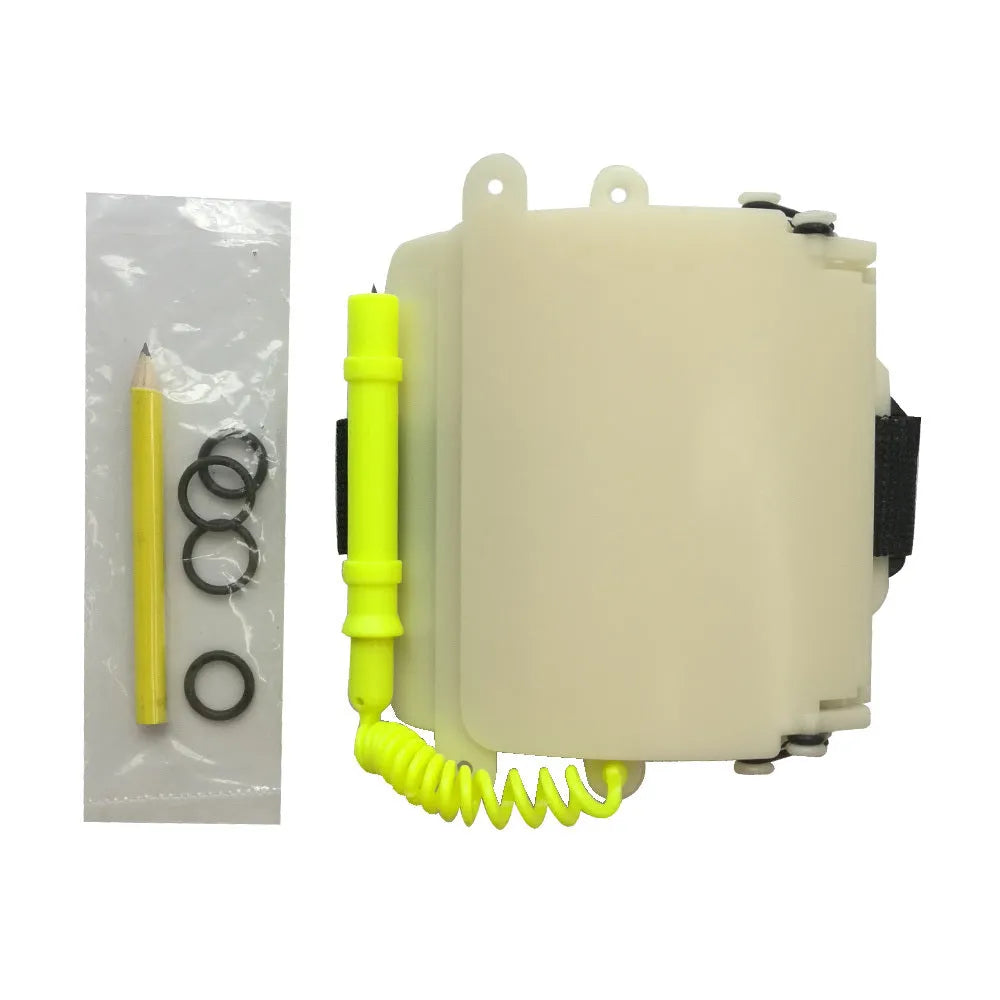 White luminous ABS wrist writing board for underwater communication, shown with a pencil and spare O-ring.