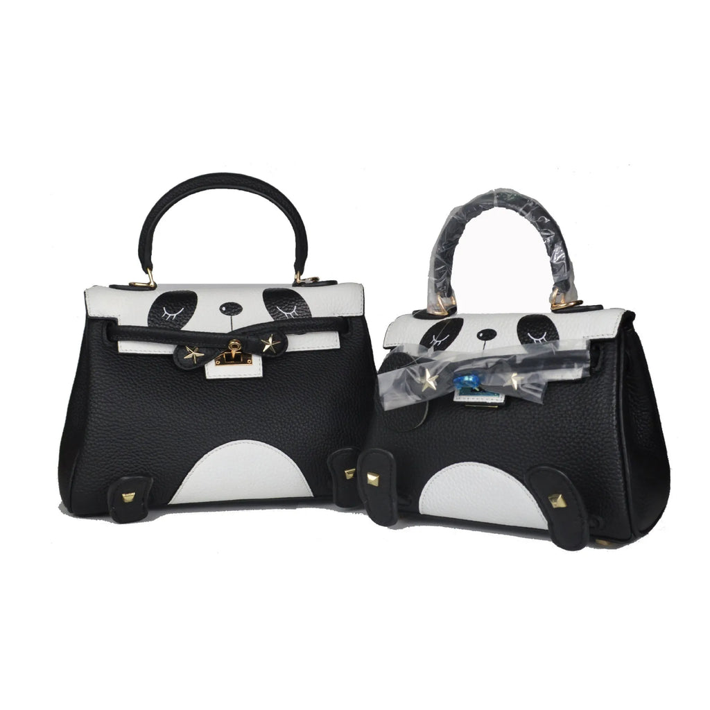 Women's cow leather panda print handbag in a horizontal square shape.
