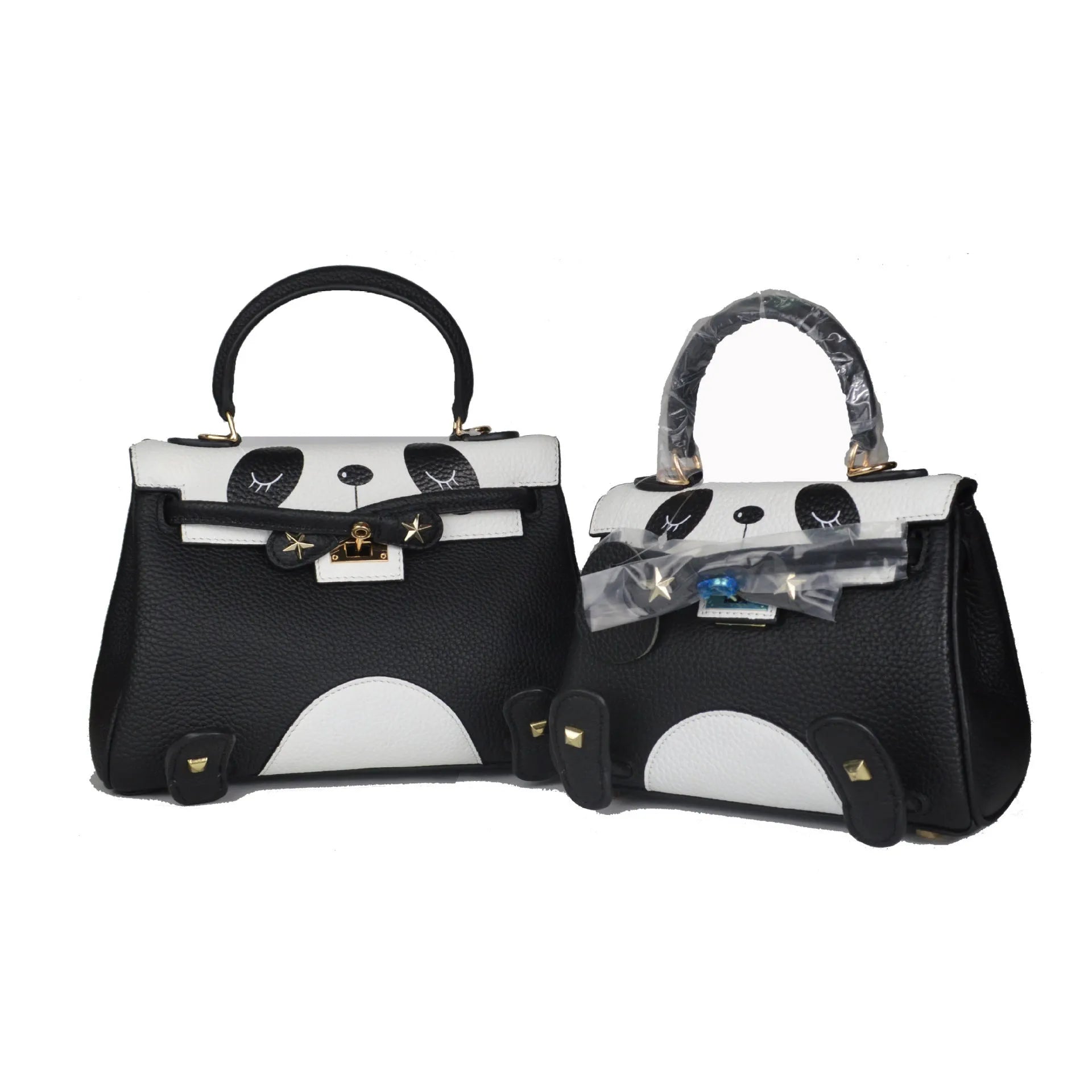 Women's cow leather panda print handbag in a horizontal square shape.