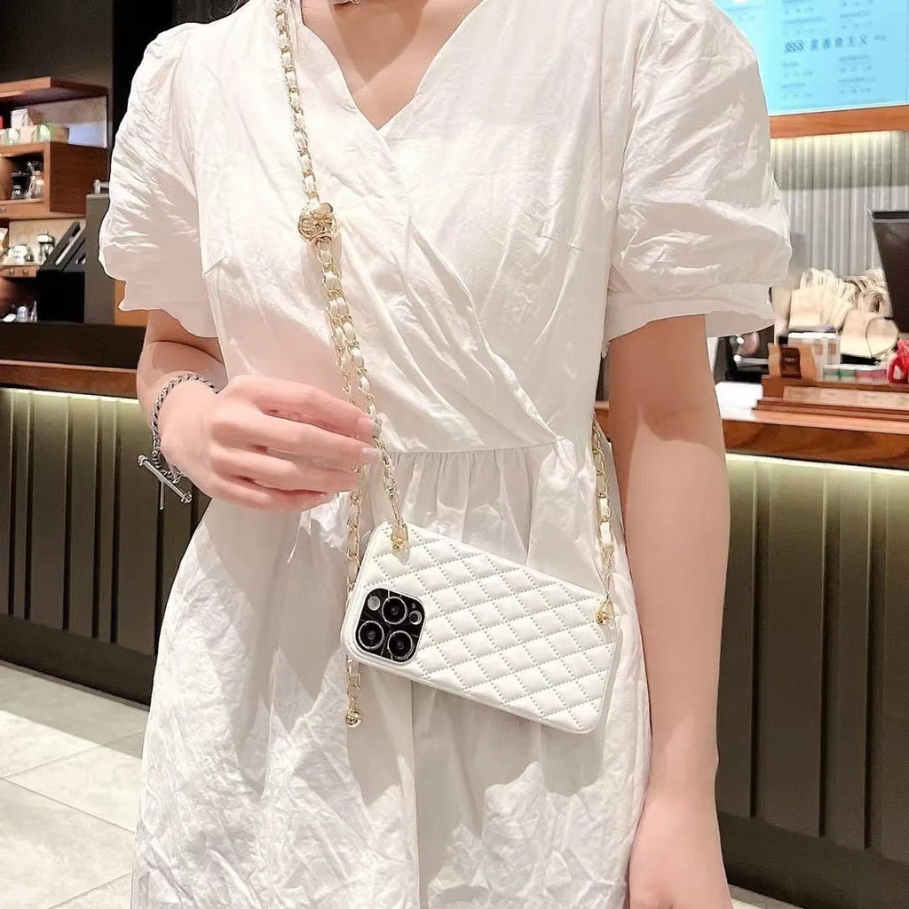 Diamond plaid crossbody phone case in imitation leather for iPhone with chain strap, cream white colour
