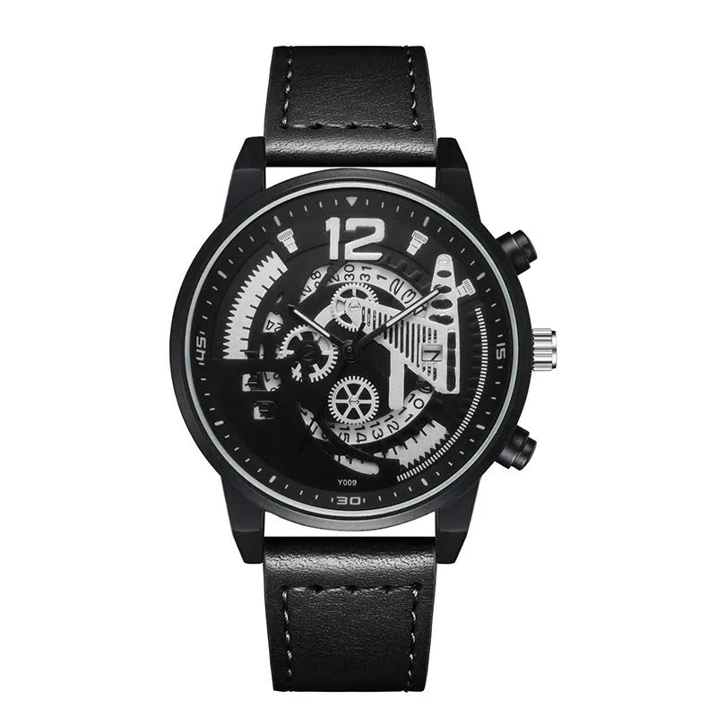 Men quartz watch with hollowed-out dial and calendar, 11mm thickness, black colour