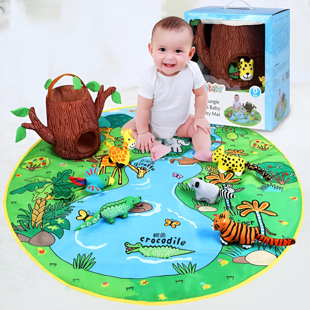 Baby play blanket crawling mat with jungle animal print design for early education.