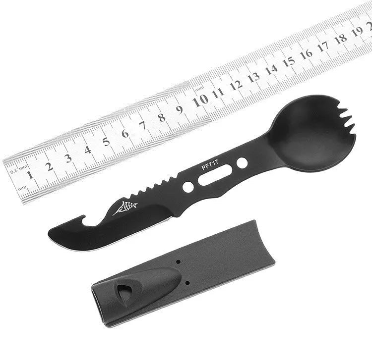 Outdoor spoon fork knife set with whistle, 15.7cm stainless steel camping multi-tool in black and green