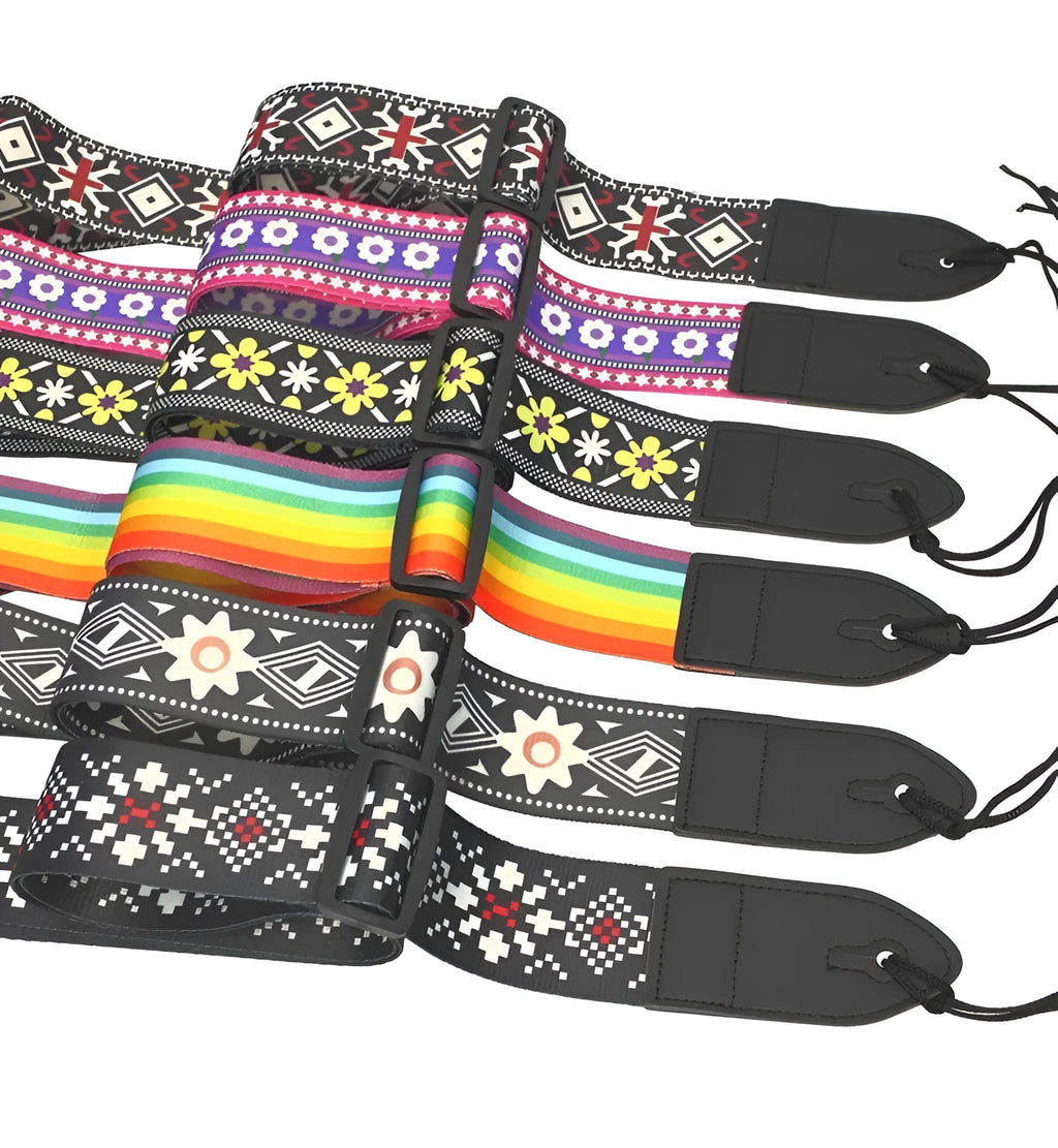 Printed cotton guitar shoulder strap showing eight graphic pattern options