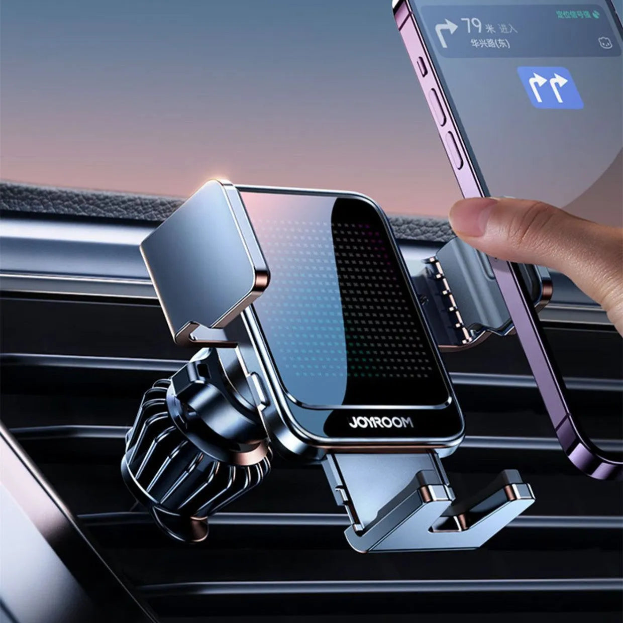 Black car wireless charging phone bracket mounted on a car air vent, showing automatic arms and included Type-C cable
