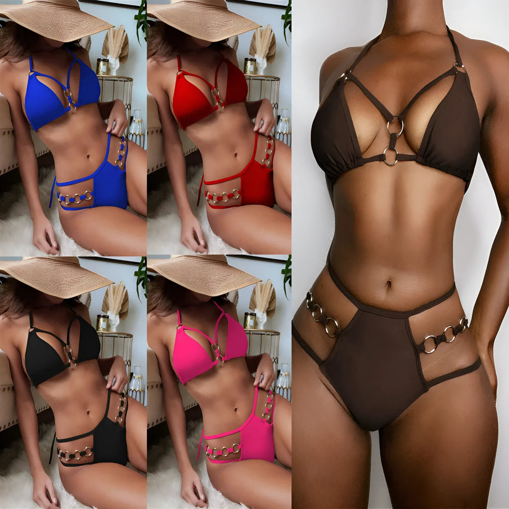 Women's separated bikini set in nylon fabric available in multiple colours including rose red and sapphire blue
