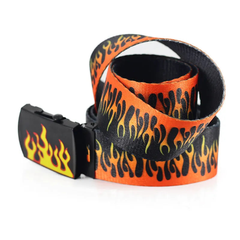 Flame print canvas belt with woven silk, iron oval buckle, single loop, 3.8cm wide, multicolor.