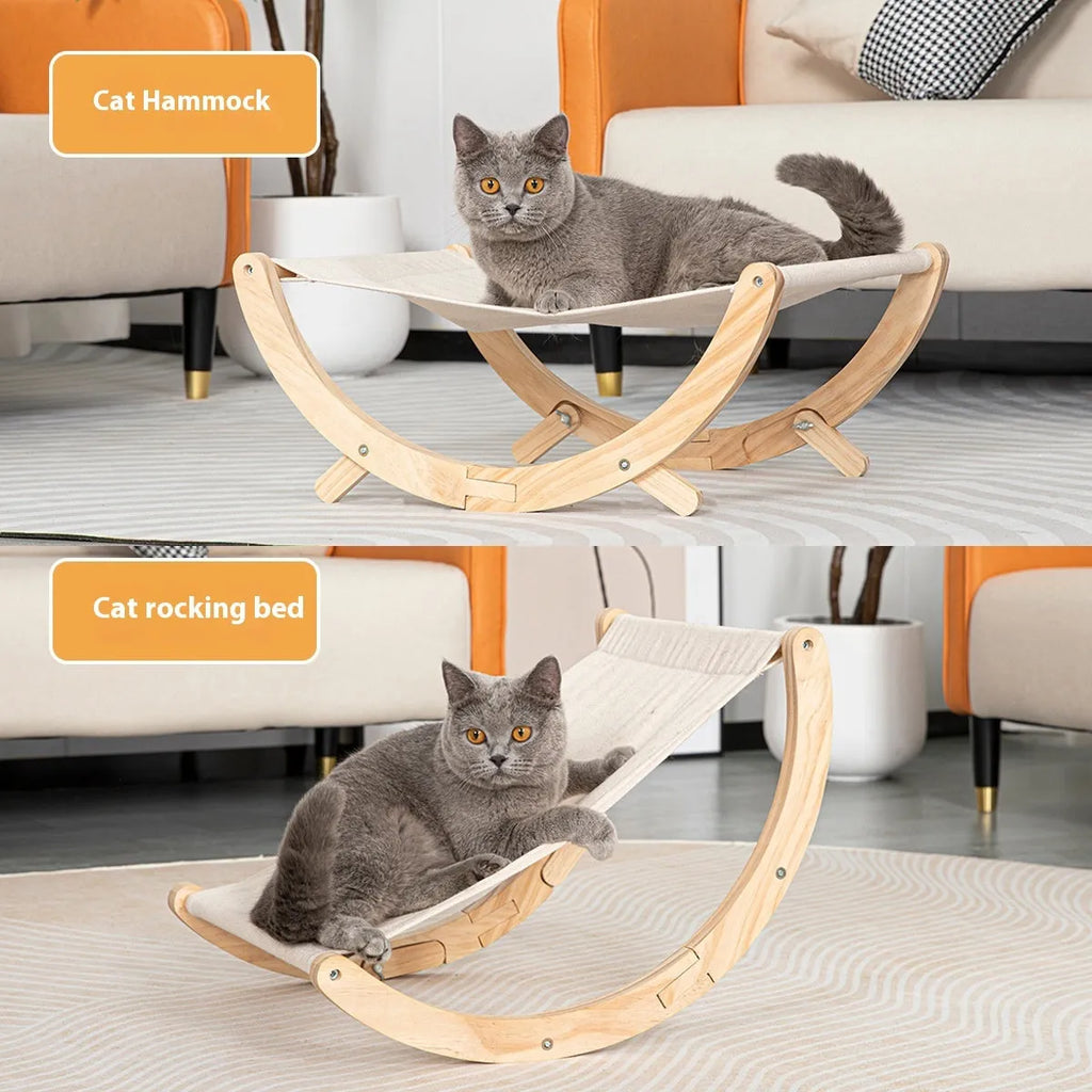 Solid wood foldable cat hammock bed with a neutral cushion on a wooden frame.