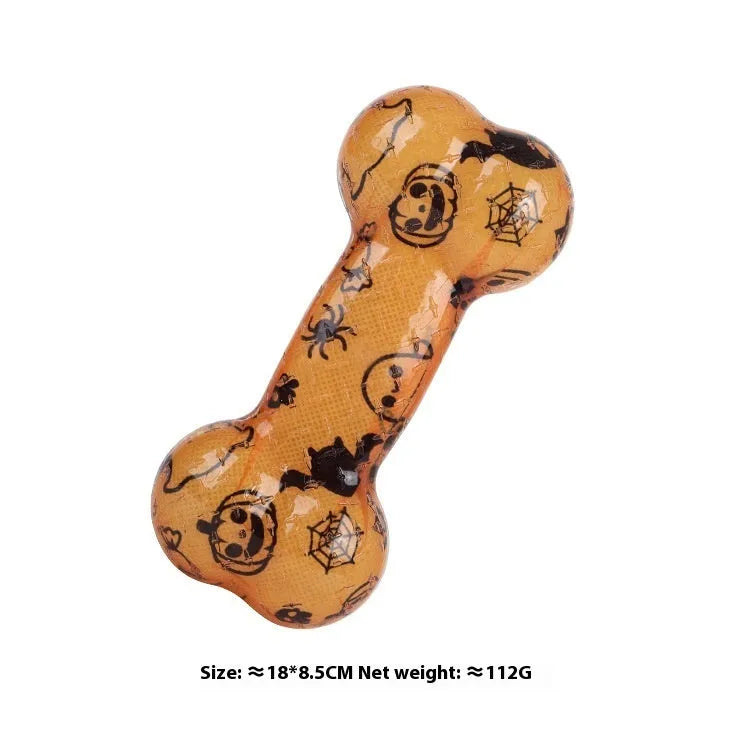 Printed bone-shaped TPR dog toy with squeaker in seasonal red and orange colour options