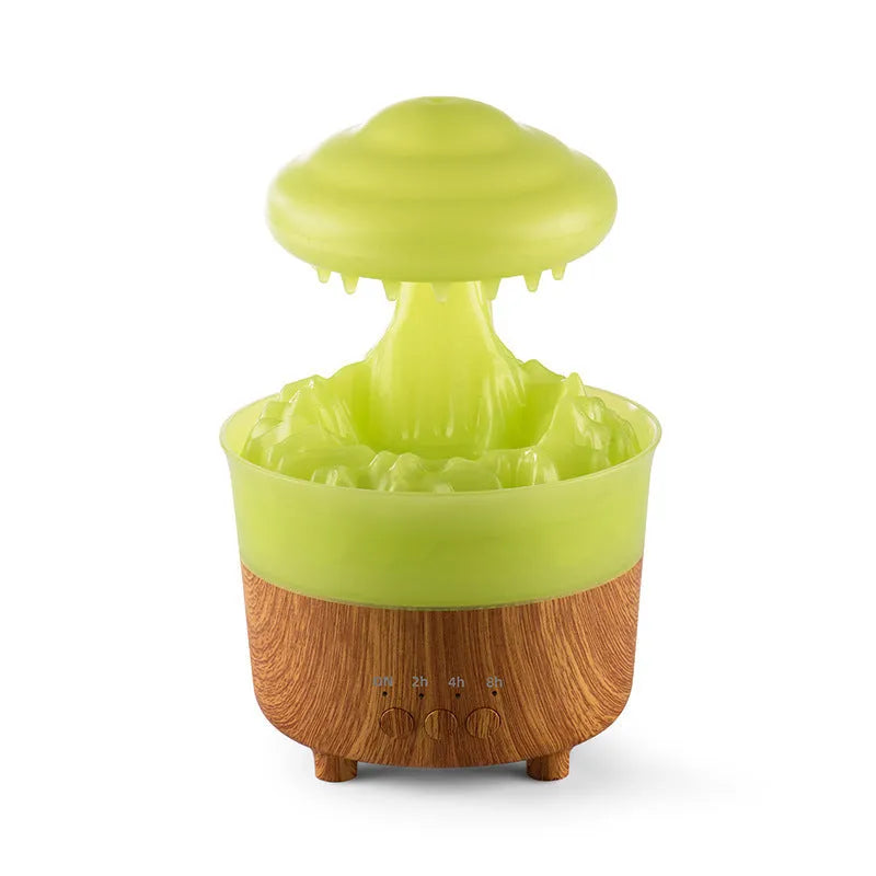 Wood grain white column-shaped rain cloud humidifier diffuser with colourful LED night light
