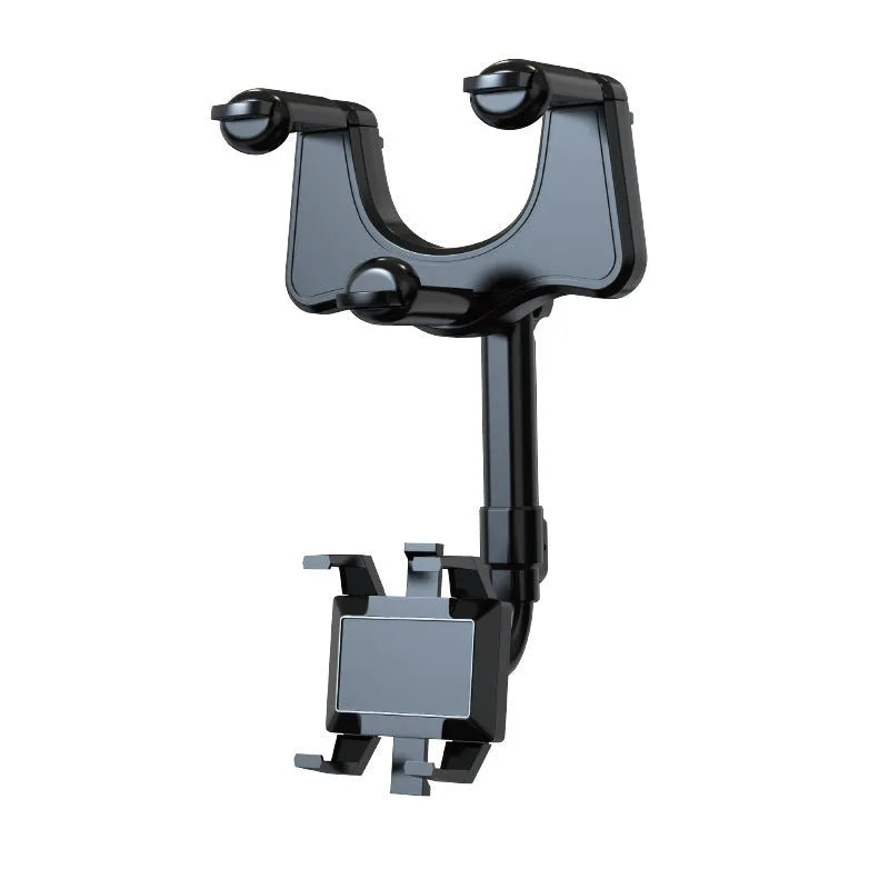 Black rearview mirror phone holder with rotating head and telescopic arm mounted on a car mirror.