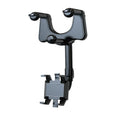 Black rearview mirror phone holder with rotating head and telescopic arm mounted on a car mirror.