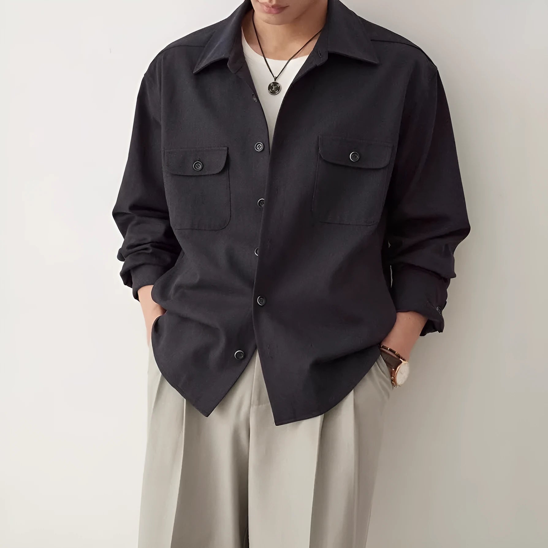 Men's long sleeve lapel collar shirt in a chemical fibre blend fabric.
