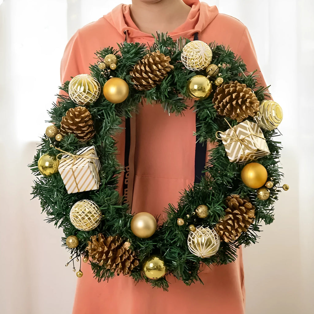 PVC Christmas door hanging wreath with red gift bag design and vine rattan details, 35cm diameter