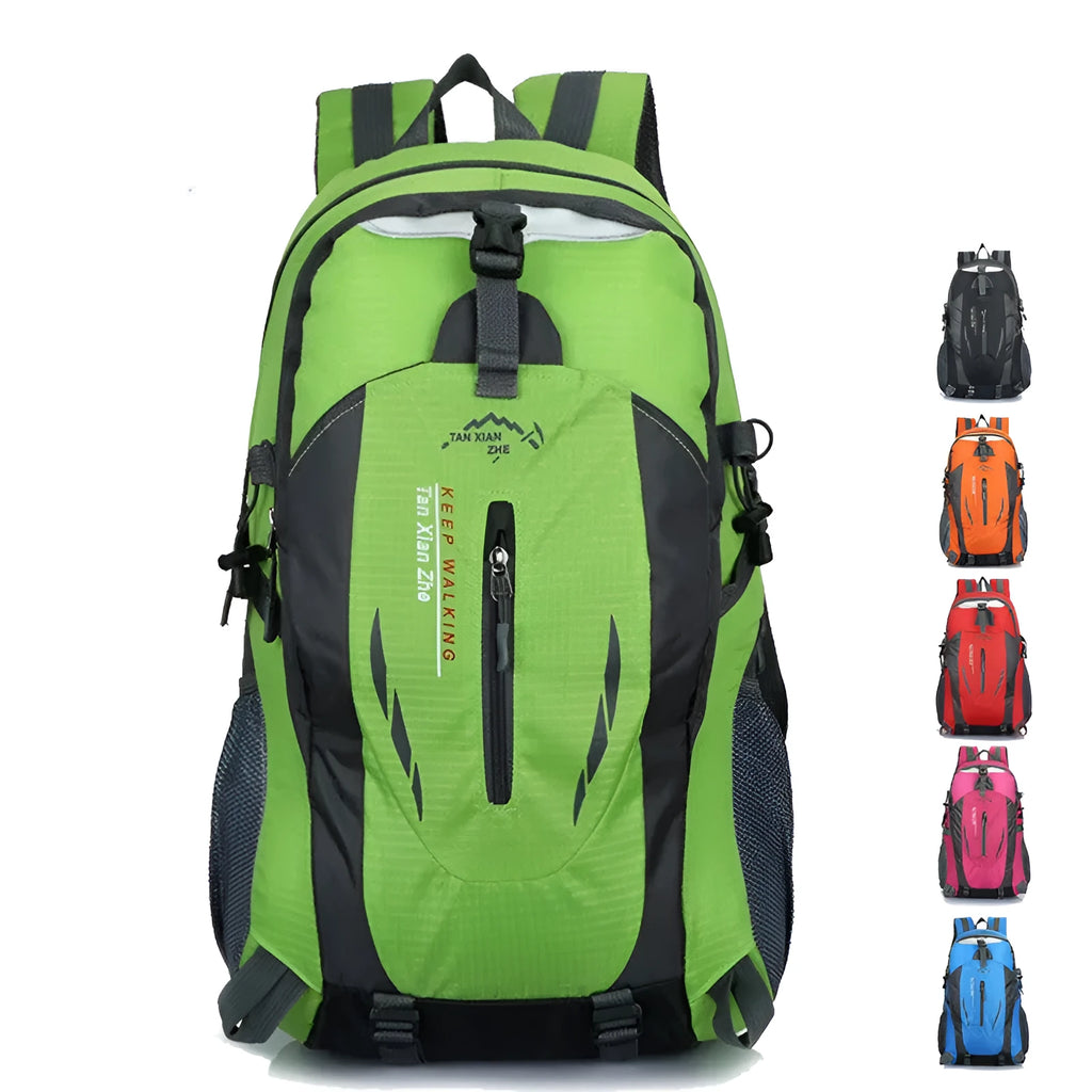 Large black outdoor travel backpack with two shoulder straps, shown with a laptop compartment and a front ID pocket.