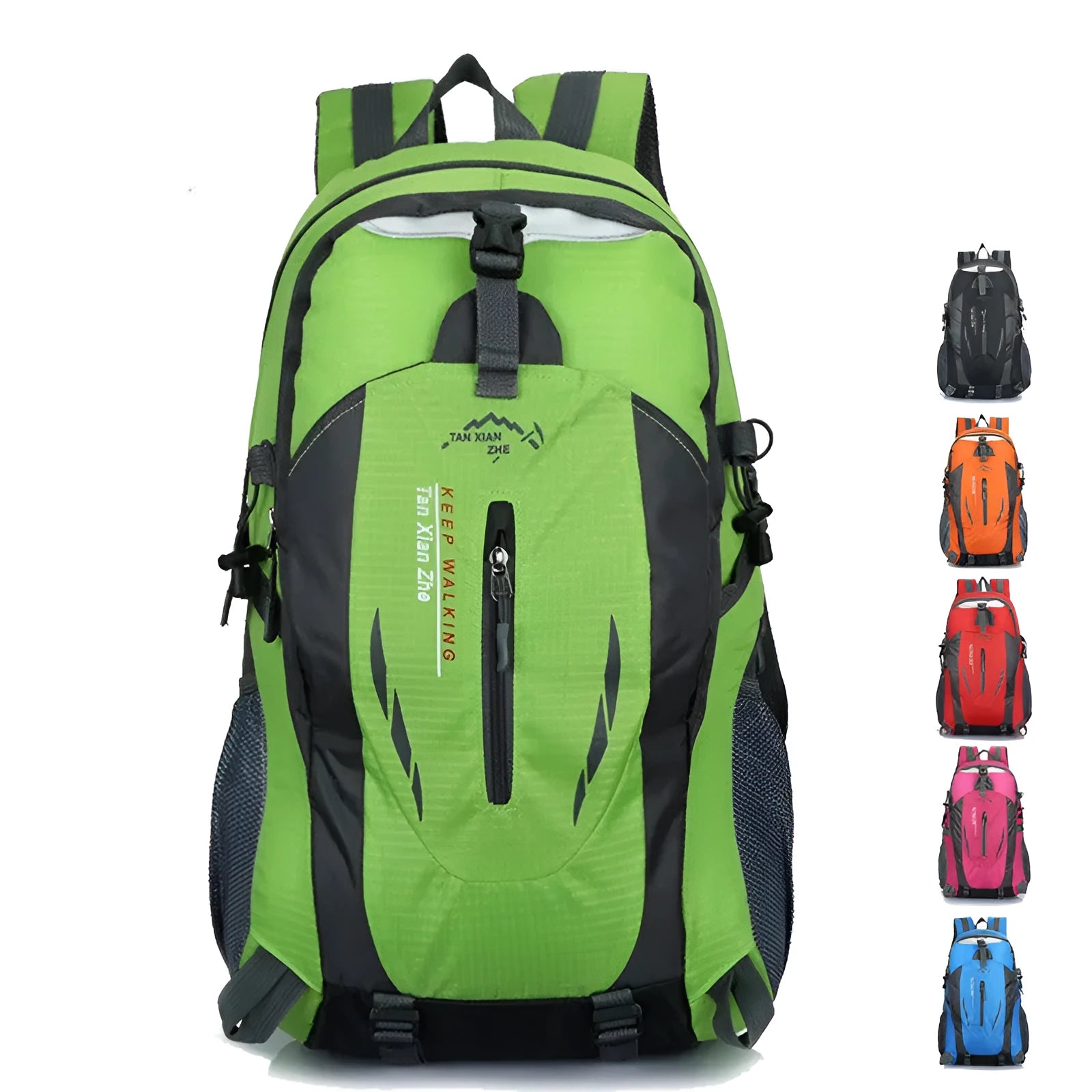 Large black outdoor travel backpack with two shoulder straps, shown with a laptop compartment and a front ID pocket.