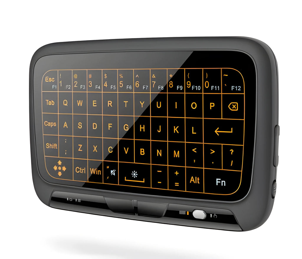 H18 mini wireless keyboard with backlight, black colour, 56 keys, and integrated touchpad