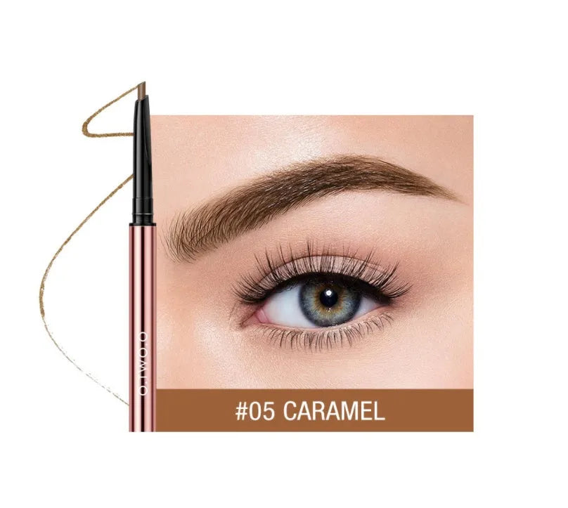 Eyebrow make-up pencil in a colour box with six shade options including Auburn and Dark Brown.