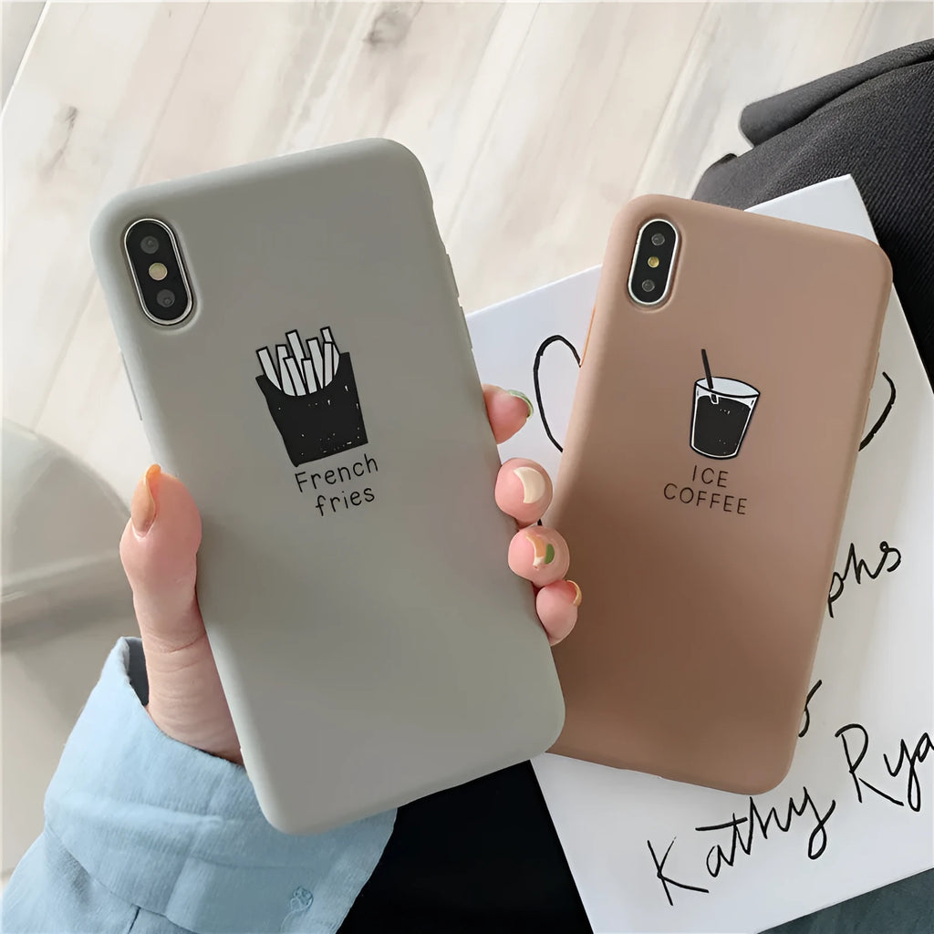 Soft matte silicone phone case with ice coffee and french fries couple designs