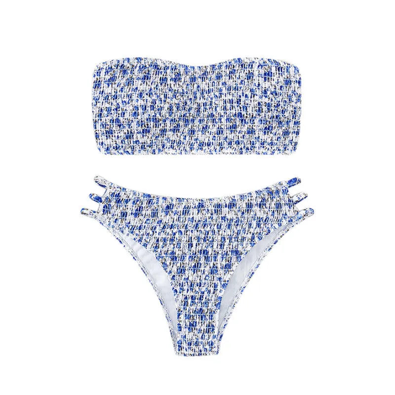 Women's floral strapless swimsuit with split back and high-waist briefs on white background.