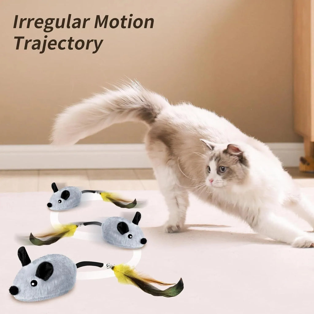 Grey and yellow rechargeable automatic moving cat toy with feather tail and LED lights