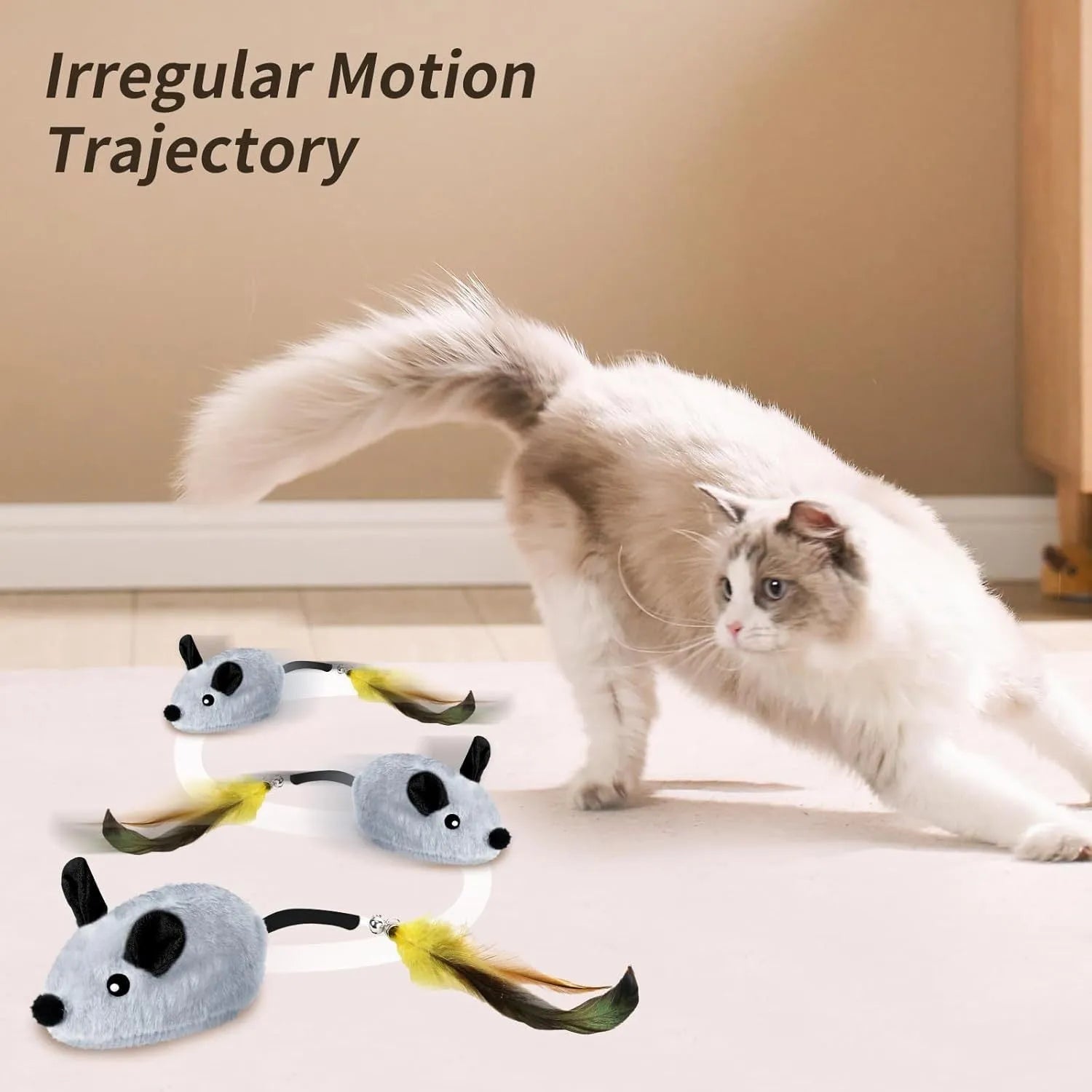 Grey and yellow rechargeable automatic moving cat toy with feather tail and LED lights
