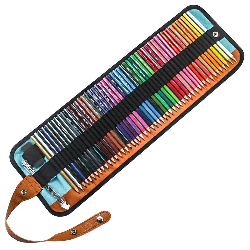 Set of 50 wooden coloured pencils in a box with a pencil case, showing vibrant colours and basswood casings.