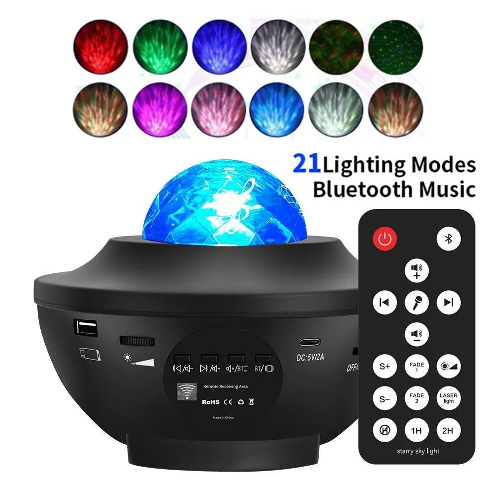 Black desktop star projection lamp with Bluetooth speaker and rotating water ripple laser effects
