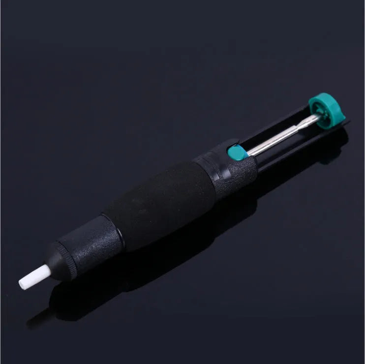 Black manual tin suction device, 210mm long, approximately 70g, semi-aluminium alloy body for desoldering