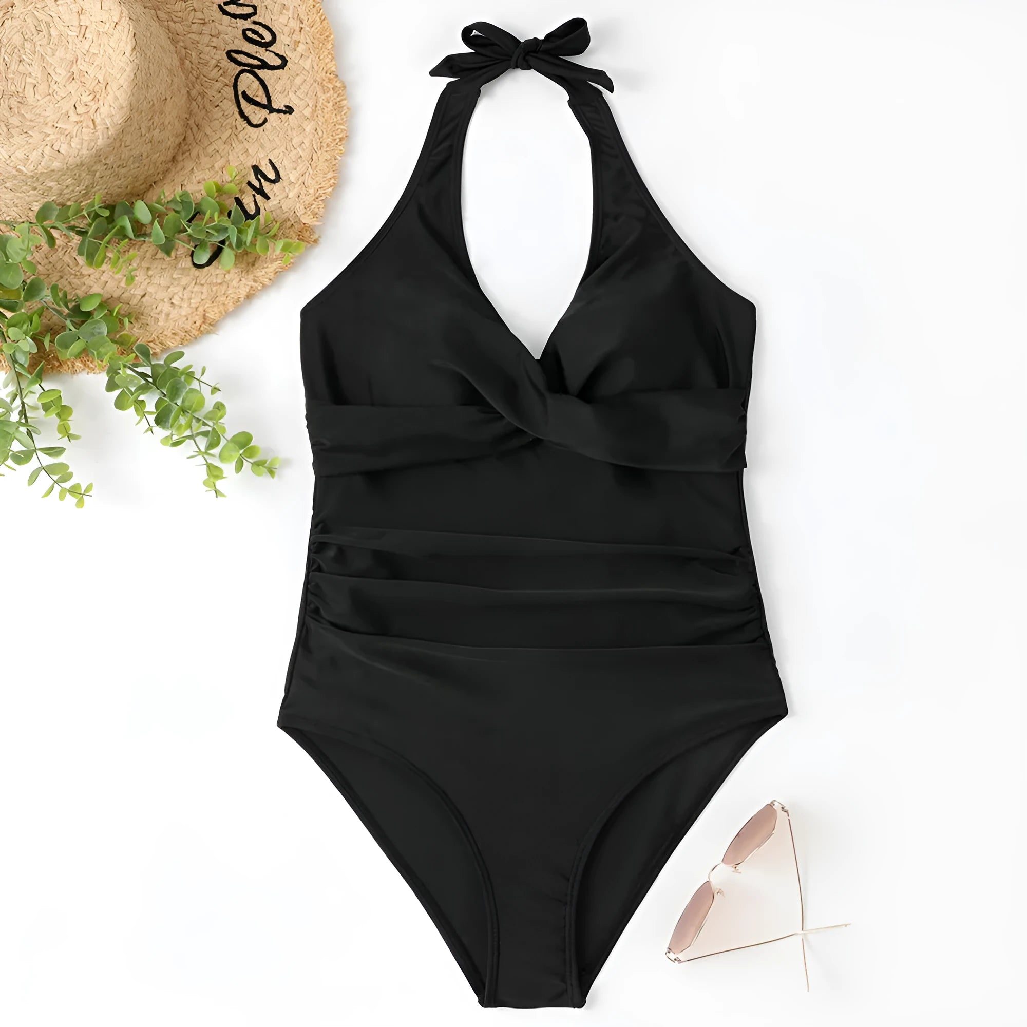Women's solid colour one-piece swimsuit in bikini style on a mannequin.
