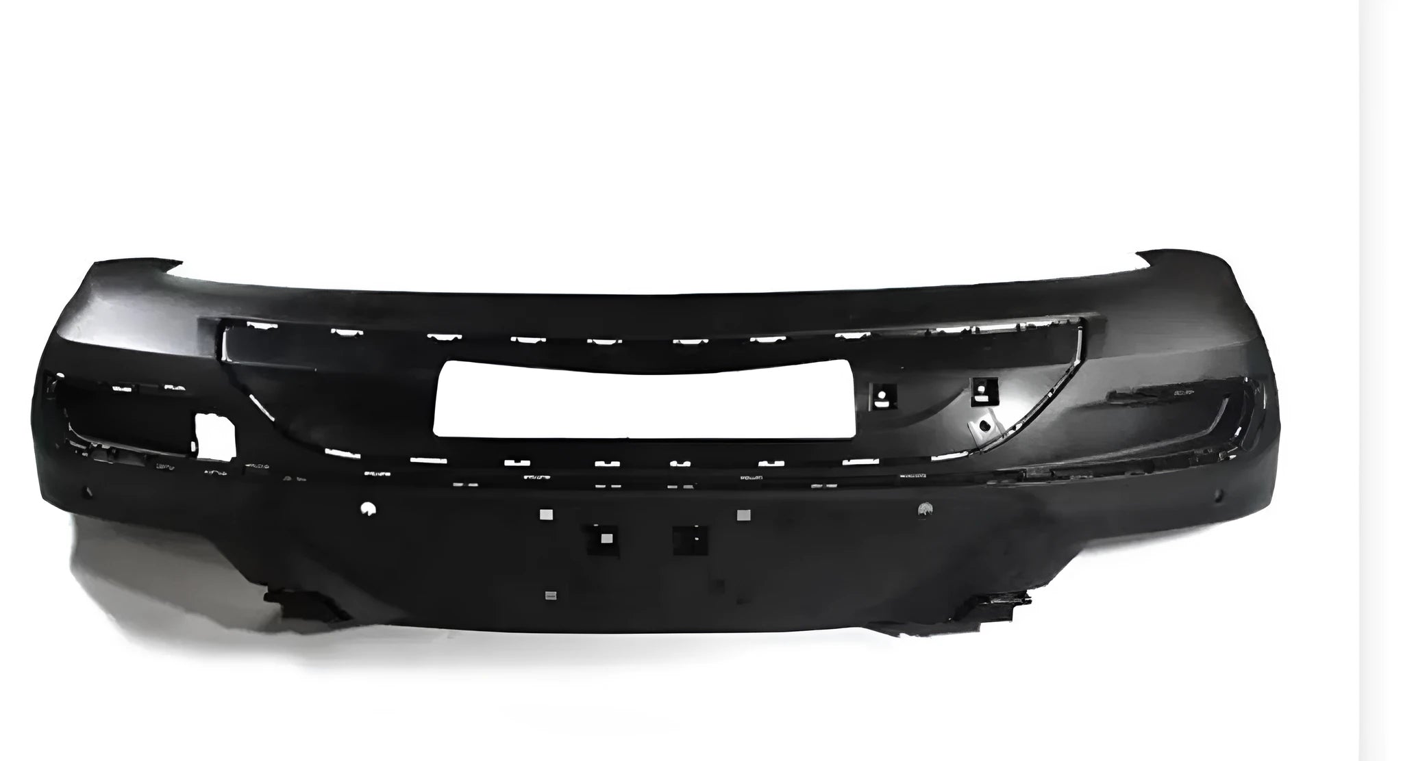 Black plastic universal car bumper front view on white background